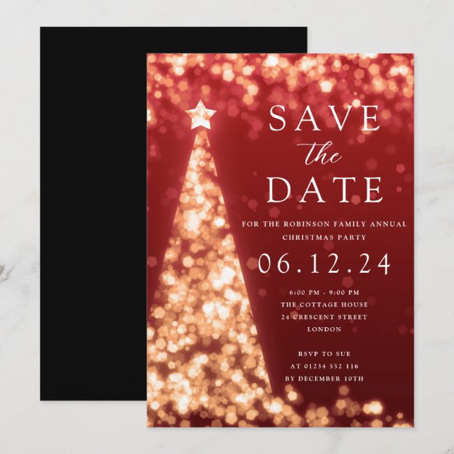 Invitation Fête de Noël Enregistrer la date Arbre d'or Glam R (Devant / Derrière)