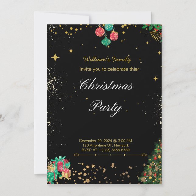 Invitation Fête de Noël Étincelante Noir Et Or (Devant)