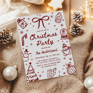 Invitation Fête de Noël fantaisiste rouge dessinée à la main