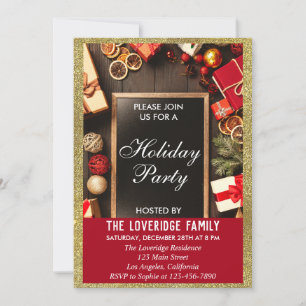 Invitation Fête de Noël festive rouge et or paillettes