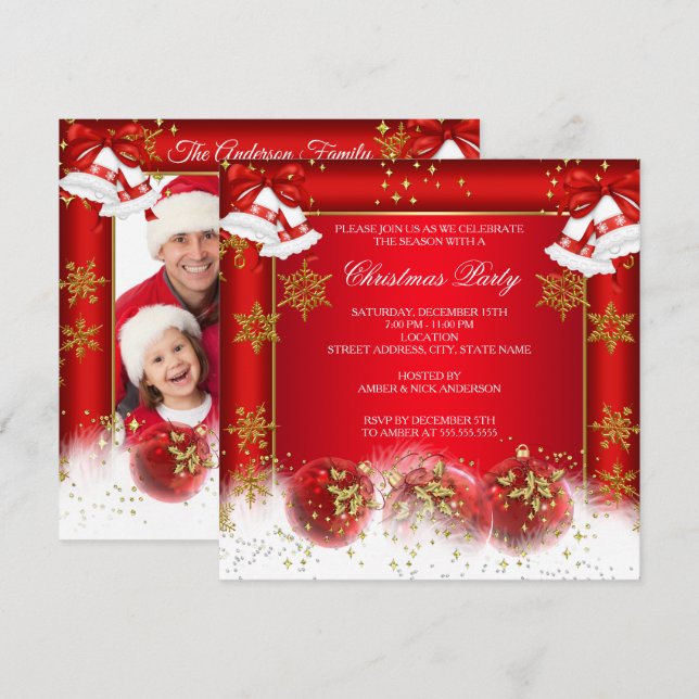 Invitation Fête de Noël Fête Rouge or Bauble (Devant / Derrière)