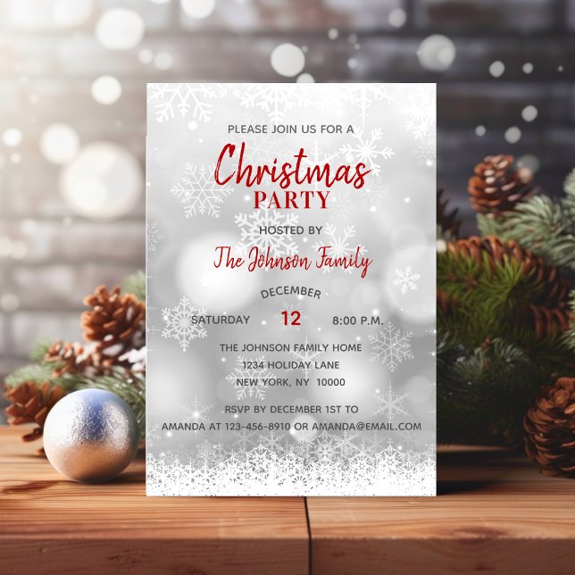 Invitation FÊTE DE NOËL Flammes de neige rouges en argent (CHRISTMAS PARTY Red Silver Snowflakes Snow Invitation)