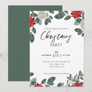 Invitation Fête de Noël Fleurs Rouges Vertes