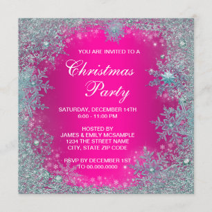 Invitation Fête de Noël Flocon de Neige Bleu Sarcelle Rose Ch