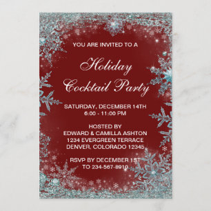 Invitation Fête de Noël flocon de neige bleu sarcelle rouge