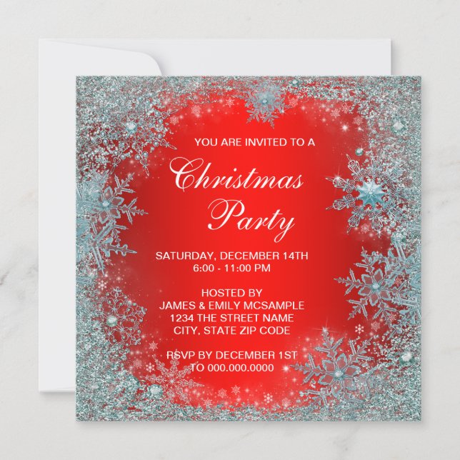 Invitation Fête de Noël Flocon de Neige Bleu Sarcelle Rouge (Devant)