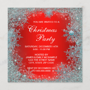 Invitation Fête de Noël Flocon de Neige Bleu Sarcelle Rouge
