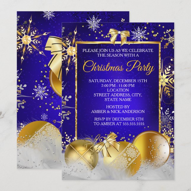 Invitation Fête de Noël Flocon de neige Royal Blue Gold Baubl (Devant / Derrière)
