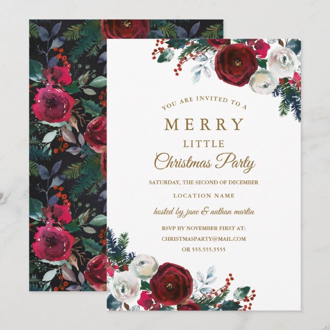 Invitation Fête de Noël Floral Bourgogne (Devant / Derrière)