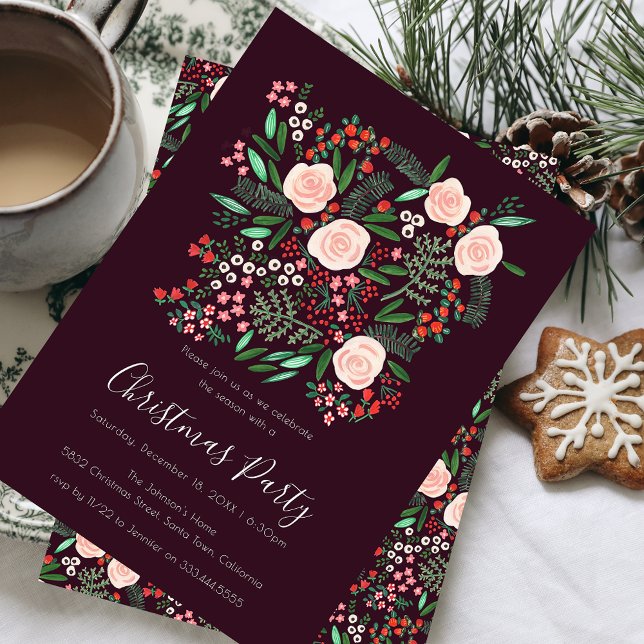 Invitation Fête de Noël Floral moderne (Modern Floral Festive Christmas Party Invitation)