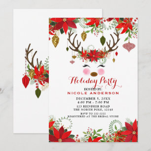 Invitation Fête de Noël Floral Moderne Vintage avec Renne