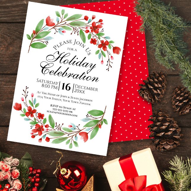 Invitation Fête de Noël Florale Aquarelle (In Situ Front/Back)