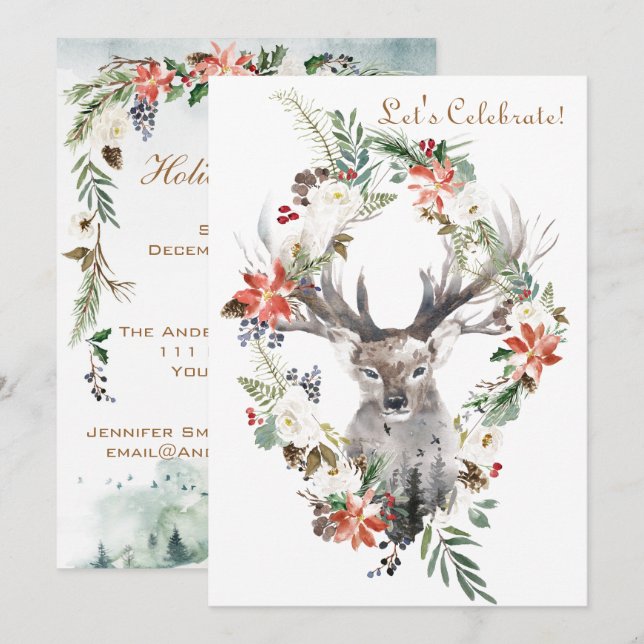 Invitation Fête de Noël florale de vacances de forêt magique (Devant / Derrière)