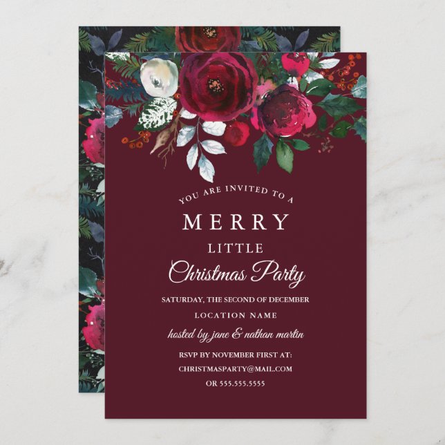 Invitation Fête de Noël Florale Rouge Bourgogne (Devant / Derrière)
