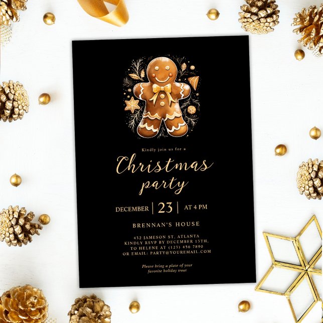 Invitation Fête de Noël Gingpain d'or Black Holiday (Christmas Party Gingerbread Gold Black Holiday Invitation)