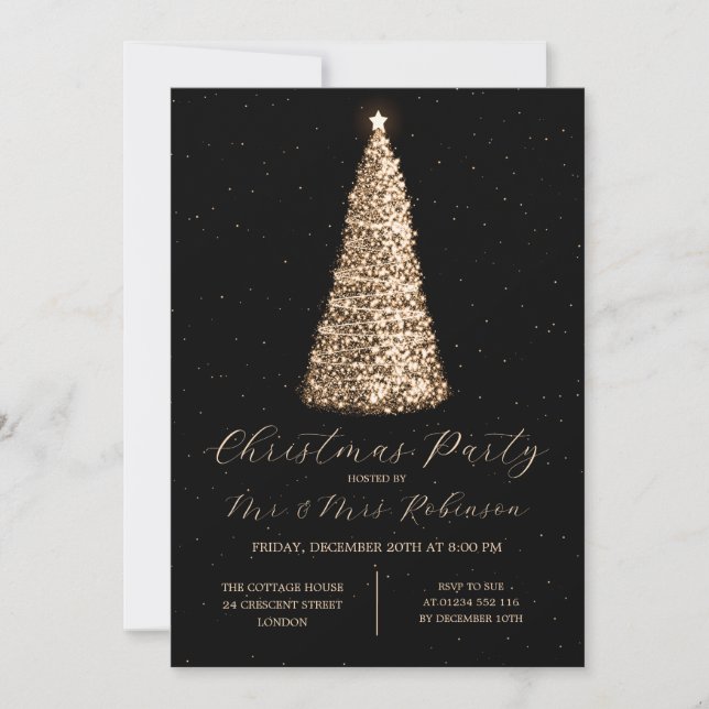 Invitation Fête de Noël Glam Arbre d'or Étincelle (Devant)