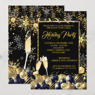 Invitation Fête de Noël Gold Black Snowflakes