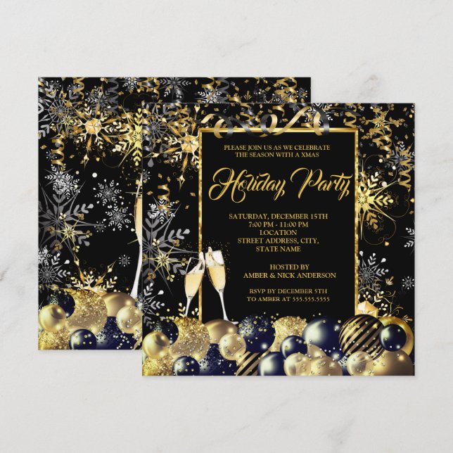 Invitation Fête de Noël Gold Black Snowflakes (Devant / Derrière)