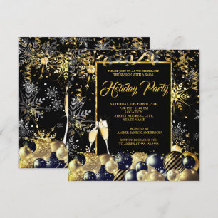 Invitation Fête de Noël Gold Black Snowflakes