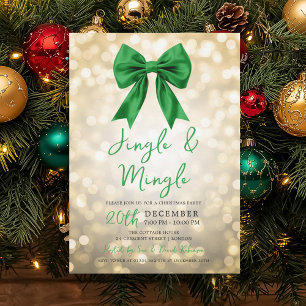 Invitation Fête de Noël Gold Jingle Mingle avec un nœud vert