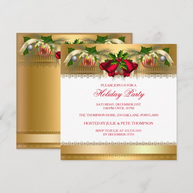 Invitation Fête de Noël Gold Red cloches Baubles (Devant / Derrière)