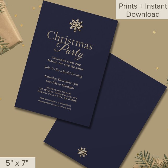 Invitation Fête de Noël Gold Snowflake de la marine classique (Créateur téléchargé)