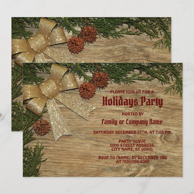 Invitation Fête de Noël Golden Green Feuilles Rouge Russe (Devant / Derrière)