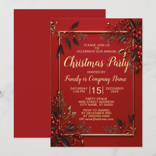 Invitation Fête de Noël Golden Red Feuilles (Devant / Derrière)