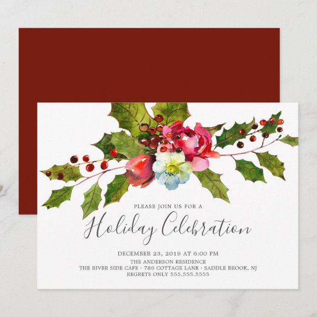 Invitation Fête de Noël Holly Floral (Devant / Derrière)