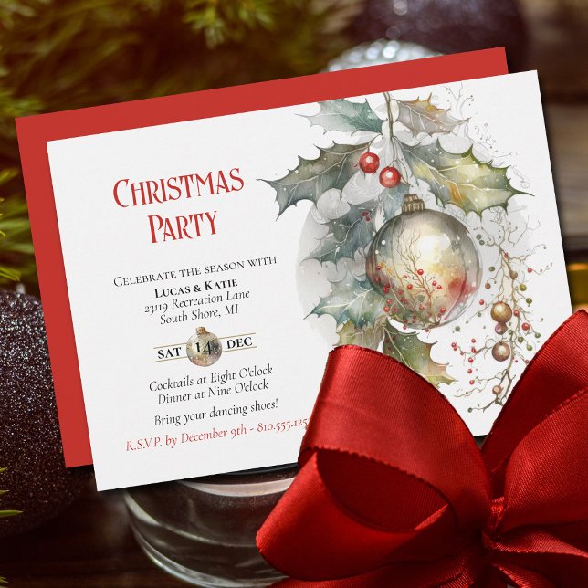 Invitation Fête de Noël Holly Ornement Rouge Or (Festive Holiday Party Invitation with beautiful watercolor elements.)
