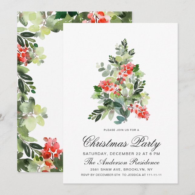 Invitation Fête de Noël Holly Tree Watercolor (Devant / Derrière)