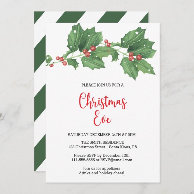 Invitation Fête de Noël Holly Wreath (Devant / Derrière)