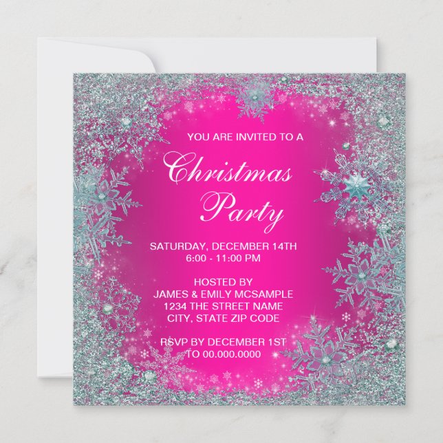 Invitation Fête de Noël Hot Pink Turquoise Blue (Devant)