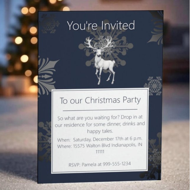 Invitation Fête de Noël Ivory Reindeer | Bleu (Blue Ivory Reindeer Christmas Party Invitation)