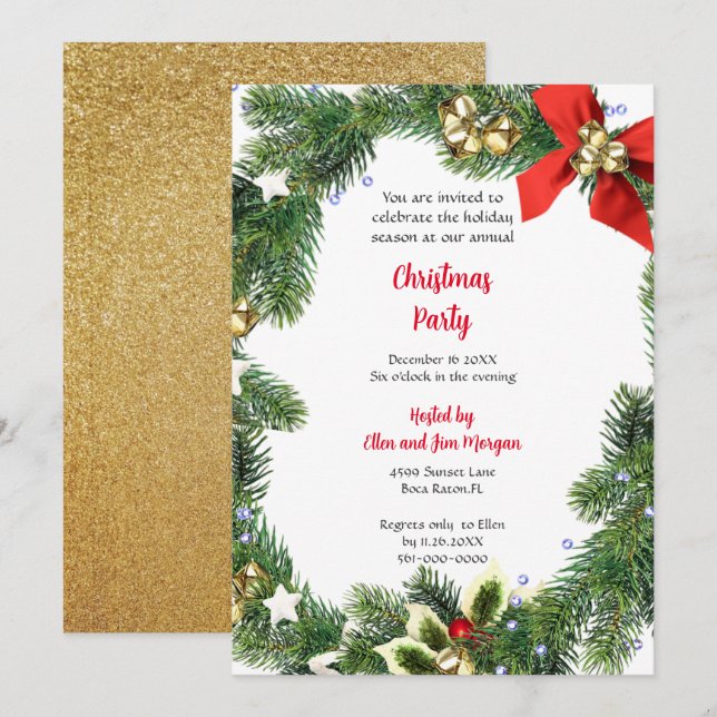 Invitation Fête de Noël joyeuse avec verdure des Fêtes  (Devant / Derrière)