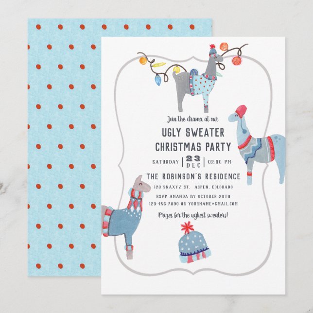 Invitation Fête de Noël llama sur le thème de la laine (Devant / Derrière)