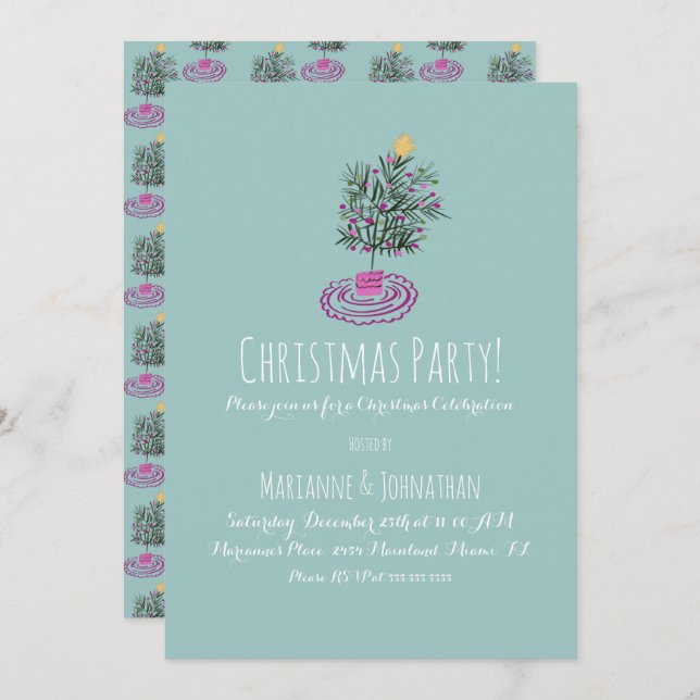 Invitation Fête de Noël Main dessinée Doodle Arbre de Noël (Devant / Derrière)