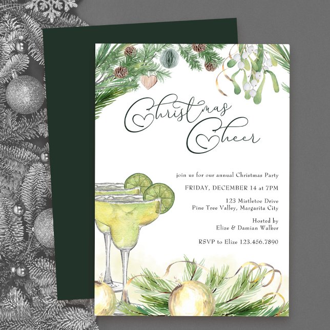 Invitation Fête de Noël Margaritas et Mistletoe (Christmas Party Invitation with Christmas Cheer, Margaritas and Mistletoe)