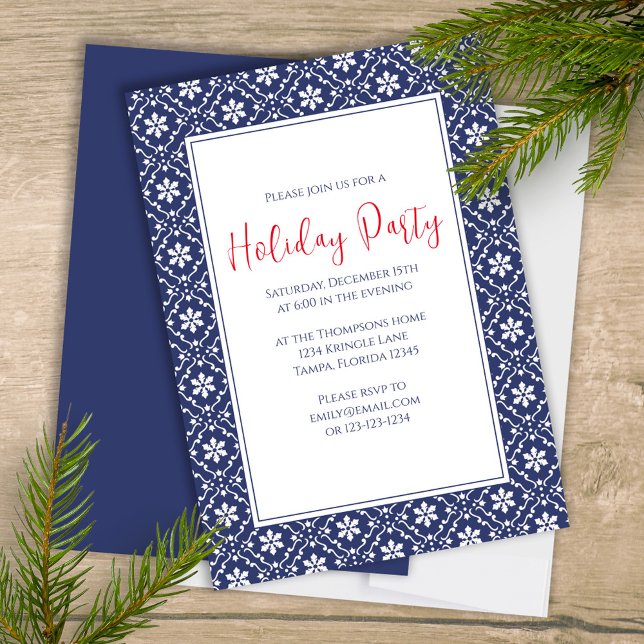 Invitation Fête de Noël Marine Blue Snowflake mignonne (Christmas holiday party navy blue snowflake pattern and stylish calligraphy invitation. )