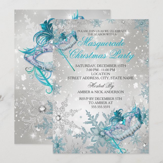 Invitation Fête de Noël Mascarade en argent bleu (Devant / Derrière)