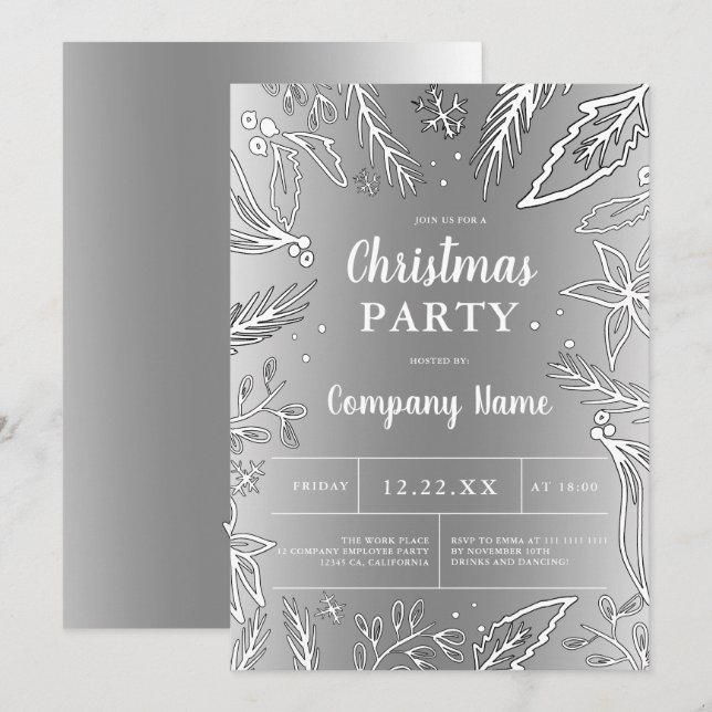 Invitation Fête de Noël métallique en argent d'entreprise (Devant / Derrière)