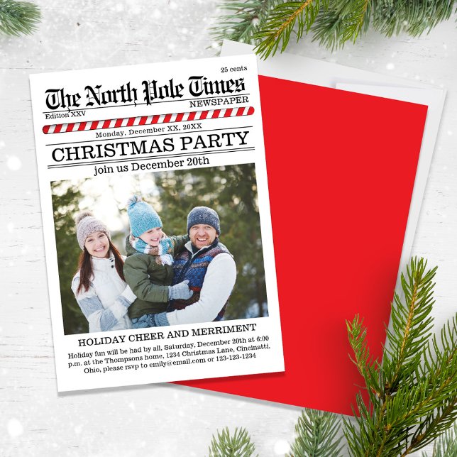 Invitation Fête de Noël mignon journal personnalisé (A Cute fun whimsical Christmas party with a fun newspaper design.)
