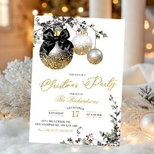 Invitation Fête de Noël minimaliste noir blanc et or