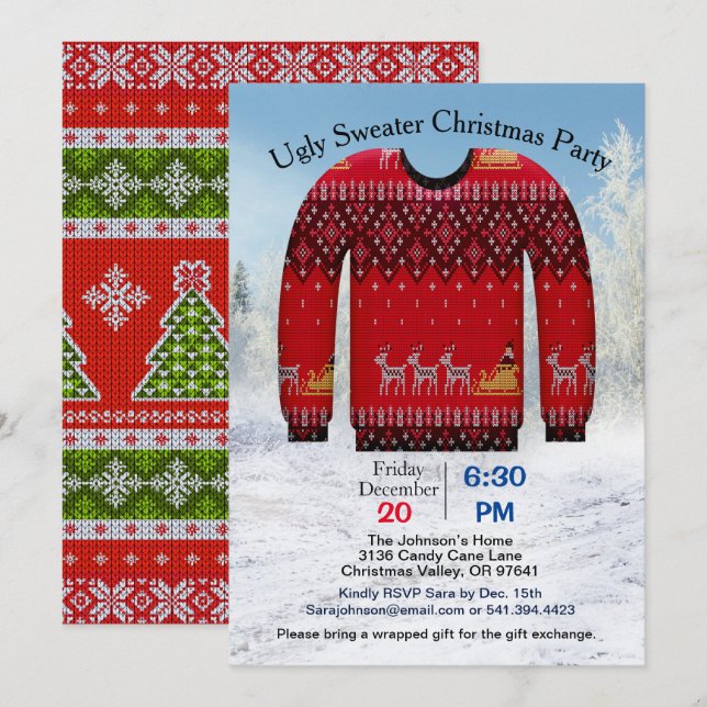 Invitation Fête de Noël moche, rouge avec cerf (Devant / Derrière)