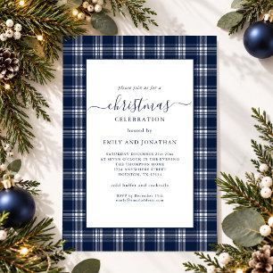 Invitation Fête de Noël Moderne à Carreaux Tartan Bleu