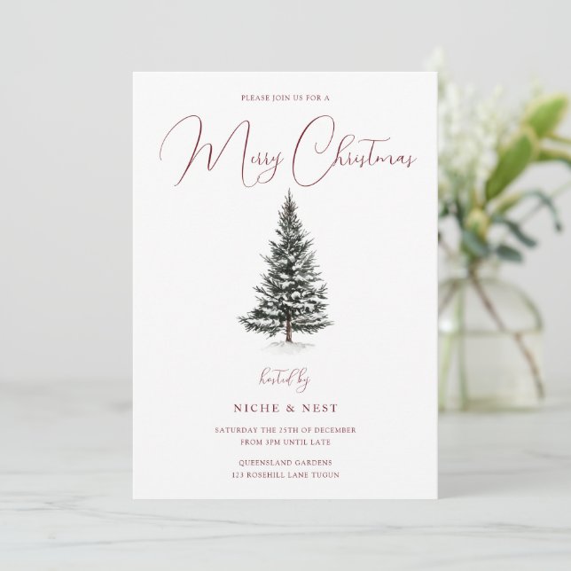Invitation Fête de Noël moderne Arbre de Noël neigeux (Debout devant)