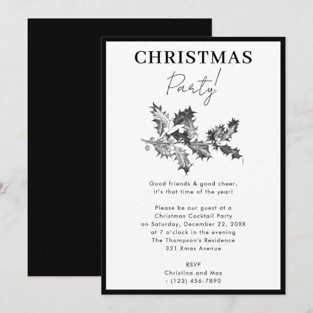 Invitation Fête de Noël moderne Black White Holly Berries (Devant / Derrière)