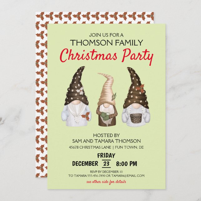 Invitation Fête de Noël moderne Gnomes Vert Festive (Devant / Derrière)