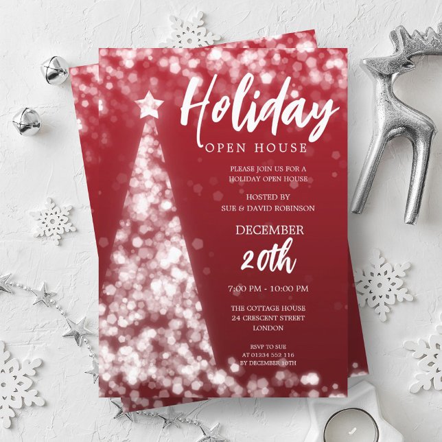 Invitation Fête de Noël MODERNE Open House Party Rouge (MODERN Christmas Holiday Open House Party Red Invitation)