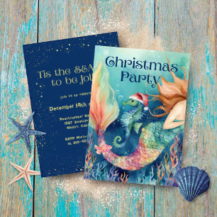 Invitation Fête de Noël nautique Sirène Hippocampe Père Noël